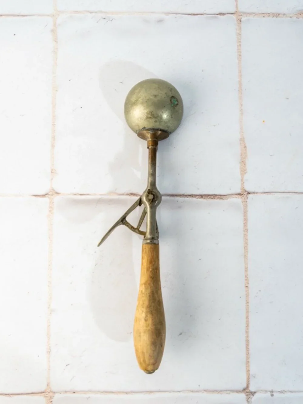 Antique Tarnished Metal with Wood Handel Ice Cream Scoop